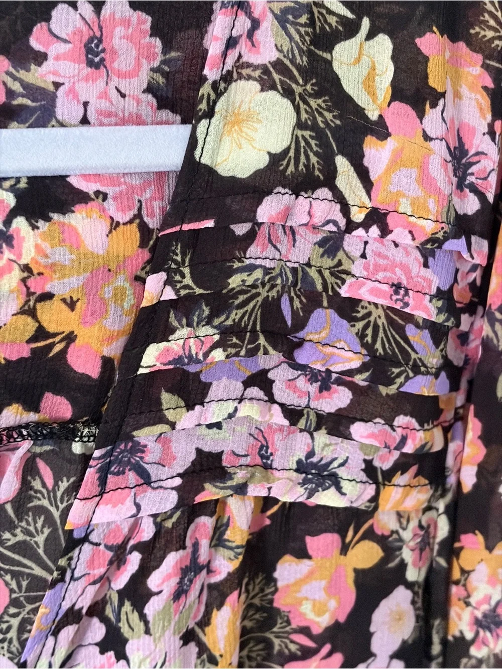 Free People Black Blouse with Pink, Purple & Yellow Floral Print Tie Front